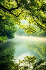 Fototapeta premium Calm early morning fog enveloping a serene lake with tree reflections and soft sunlight breaking through