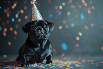 A black pug wearing a party hat surrounded by colorful confetti, celebrating a festive occasion.