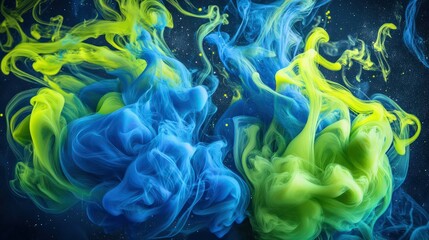 Obraz premium A bold and dynamic interplay of smoke tendrils in electric blue and neon green, rendered in thick, paint-like layers. The swirling upward motion creates a vortex pattern .