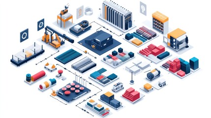 Obraz premium An isometric illustration of a complex automated production line with various machinery and robots, showcasing the interconnectedness of different stages of production.