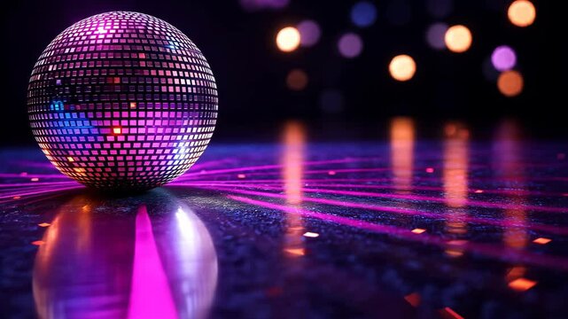 Disco Ball Reflecting Vibrant Pink and Purple Lights, Party Atmosphere