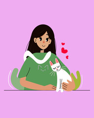 Girl hugging her cat. Flat vector illustration.