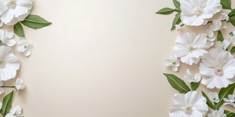 Delicate White Flowers and Green Leaves on Soft Background