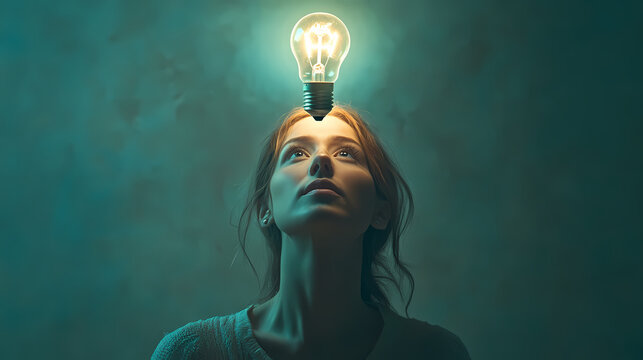 Illumination of Ideas: A young woman gazes upward, a glowing lightbulb illuminating above her, symbolizing innovation and the spark of a new concept.