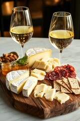 Rustic cheese board featuring wedges of parmesan, brie, and gouda with honey and almonds with two glasses of wine