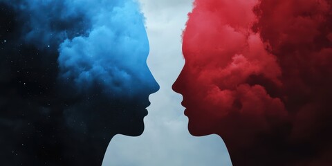 Profile Silhouettes with Colorful Clouds Representing Emotions