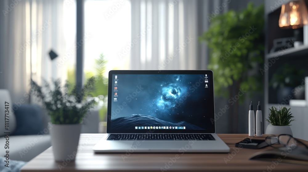 Poster a laptop computer sits open on a wooden table in a living room, with a blurry view of a window with 