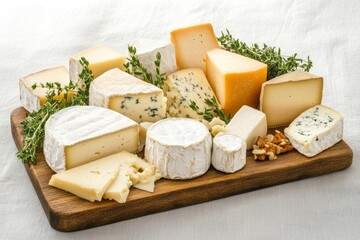 Artful arrangement of a large cheese board with diverse textures and vibrant colors, showcasing charcuterie and fresh herbs