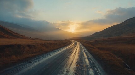 Fototapeta premium Serene Sunset Road Through Majestic Mountains.