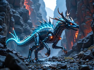 Futuristic dragon creature roaming a mystic canyon with glowing features and mechanized details, digital art of fantasy creature concept.