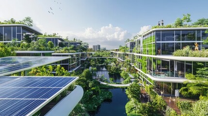 Eco-friendly futuristic city with green buildings, solar panels, and water features.