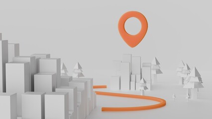 Migration to small cities. Minimalistic stylized 3d cities with route and loction pin. 3d render.