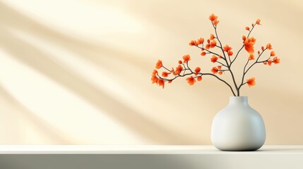 Elegant Orange Branches in Minimalist White Vase Against Soft Background