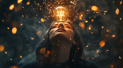 Illuminate Ideas: A visionary woman glows with inspiration, a brilliant light bulb illuminating from her mind, creating a captivating scene of creativity and innovation.