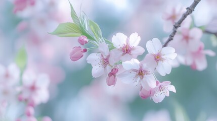 Naklejka premium Delicate Cherry Blossom Branch with Soft Pink Flowers in Spring