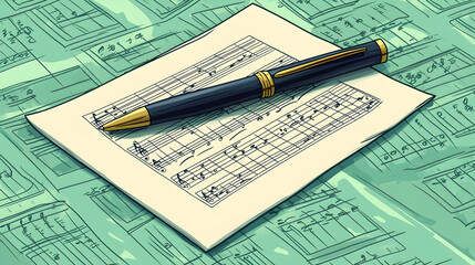 Pen rests on sheet music atop other musical scores.