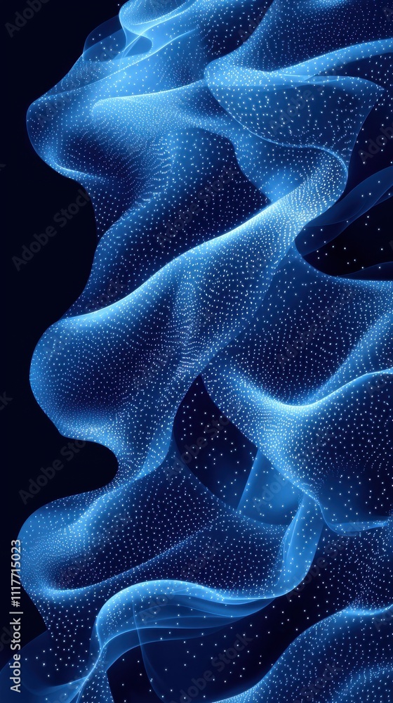 Poster flowing blue waves create a mesmerizing pattern in a dark background under soft light