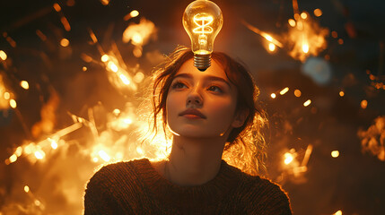 Illumination: The image showcases a young woman illuminated by a glowing light bulb positioned above her head, symbolizing a moment of creative thought.