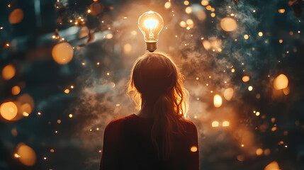 Illumination of Thought: A person stands with a light bulb hovering above their head, surrounded by bokeh, signifying insight and ideas