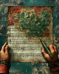 Aged map with musical score, held by hands, aerial view.