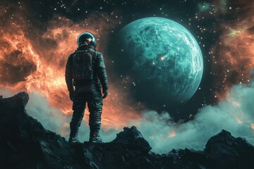Spaceman and planet, human in space concept