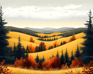 Autumnal landscape with rolling hills, golden foliage, and evergreen trees under a cloudy sky.
