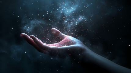 Ephemeral Touch: A human hand cupped open, delicately cradling a mesmerizing cloud of glittering cosmic dust. a symbol of creation, mystery, and wonder.