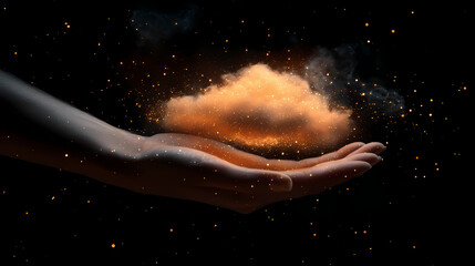 Hand of the Creator: A close-up of a person's hand, delicately cradling a luminous cloud of shimmering particles against a backdrop of captivating darkness.