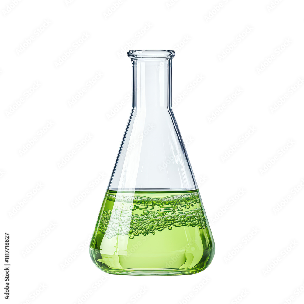 Poster laboratory flask with green liquid and bubbles, ideal for science projects isolated on transparent b