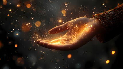 Celestial Touch: A delicate hand gently cradles a cascade of sparkling golden particles, evoking a sense of wonder, mystery, and magical embrace.