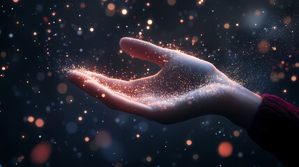 Embracing Magic: A person's open hand, adorned with glowing particles, against a bokeh-filled backdrop. A visual metaphor for the extraordinary. 