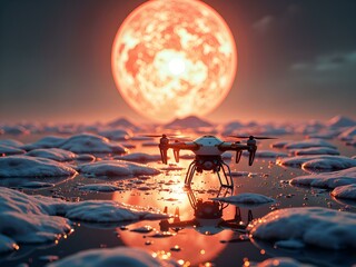 A futuristic drone hovering over icy waters under a giant red sunlit sky, digital art of science fiction concept.