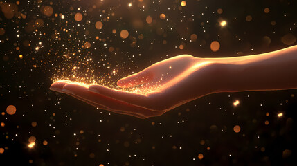 Magical Sparkles in Hand: A close-up shot captures a human hand gently holding a cascade of glittering particles, evoking wonder and enchantment.