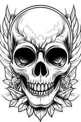 Obraz premium A skull with a rose and leaves surrounding it. The skull is smiling and has a sense of humor