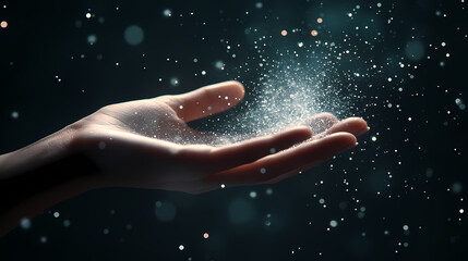 Handful of Sparkling Magic: A close-up shot of a hand delicately cupping and releasing sparkling particles against a blurred backdrop, evoking a sense of wonder, dream, and intangible concepts