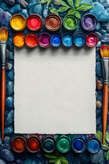 Blank paper framed by colorful paint pots and brushes on pebble background.