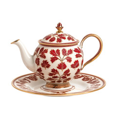 Elegant porcelain teapot with intricate red leaf design and matching saucer. Perfect for tea lovers and collectors. isolated on transparent background