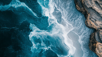 Waves crashing against rocky shoreline under bright sunlight in coastal area