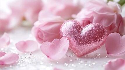 Fototapeta premium Delicate and romantic Valentine's Day wallpaper with a mix of soft pink petals and sparkling hearts against a clean white background