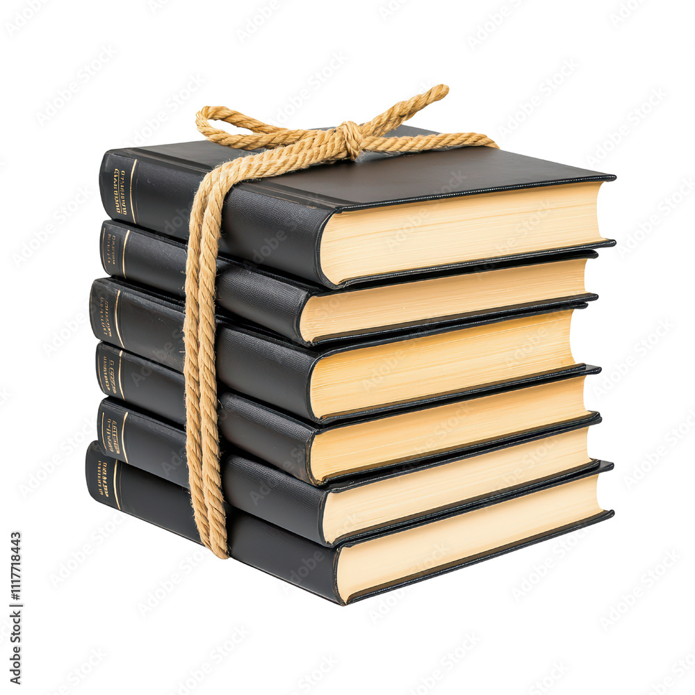 Poster stack of black leather bound books tied with rope, symbolizing knowledge and learning. isolated on t