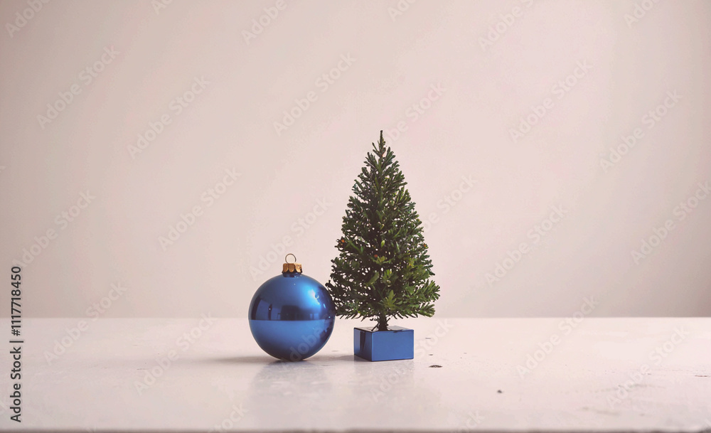 Poster A blue ornament and a small Christmas tree are on a white table. The ornament is hanging from a string and the tree is placed in front of it. Concept of warmth and holiday cheer
