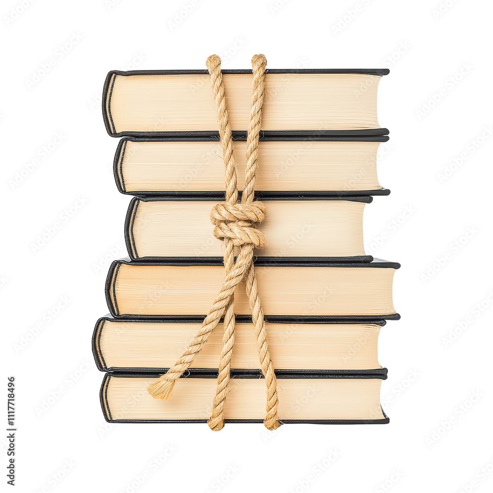 Poster books stacked tog er with rope tied around them, symbolizing knowledge and organization. isolated on