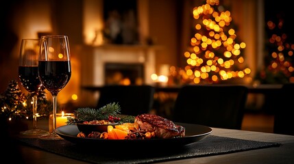 Festive Christmas dinner with duck and wine.