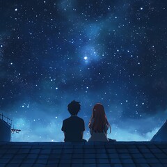 Obraz premium Anime Couple Sitting on a Rooftop, Watching the Stars Twinkle Above on White Background
