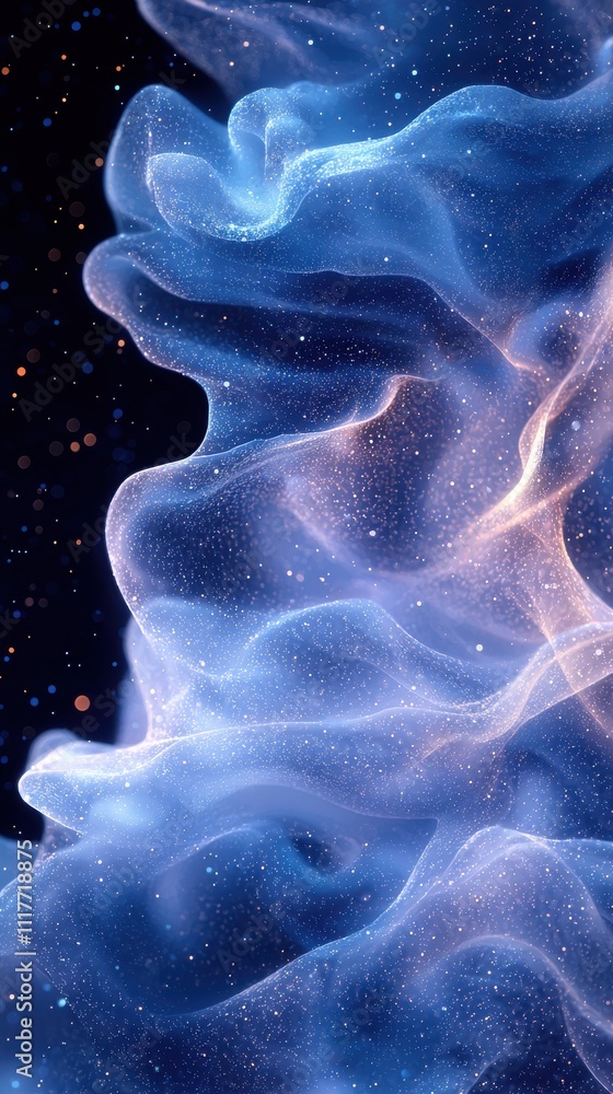 Poster abstract blue and purple waves create a mesmerizing cosmic effect with delicate textures and sparkli