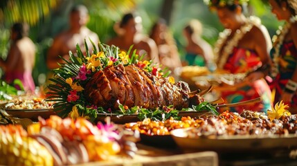 Tropical Luau Feast Delicious Roasted Meat Buffet Flowers