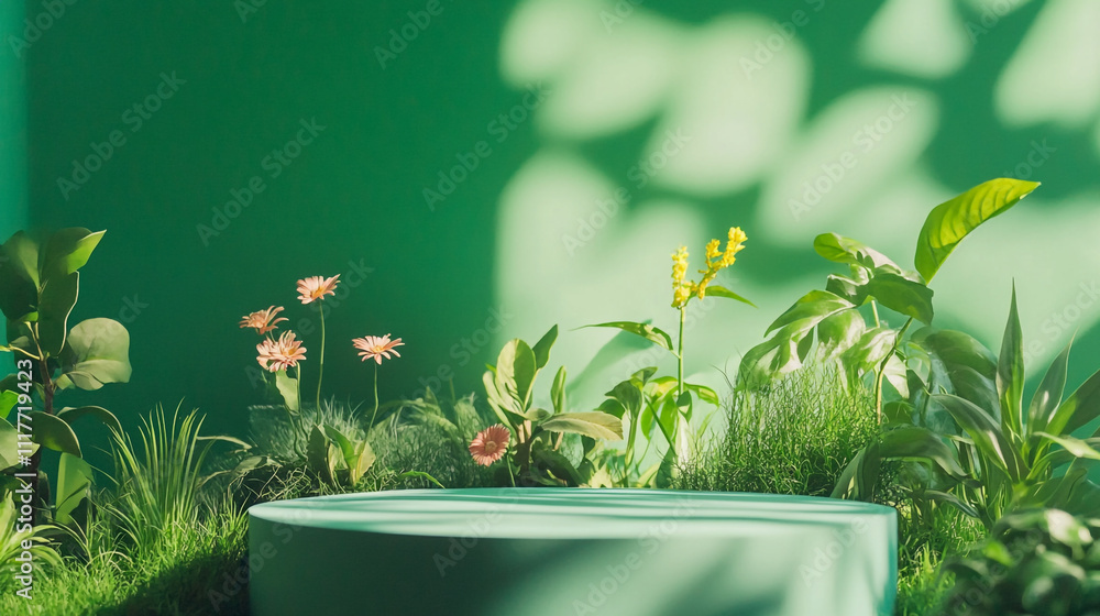 Poster bright green backdrop with colorful plants and soft shadows creating a serene atmosphere