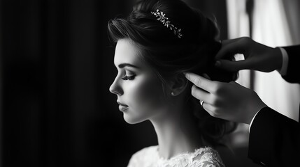 A woman with long, wavy hair is getting her hair done by a stylist in a salon.  The stylist's hand is near the woman's hair, holding a pin.