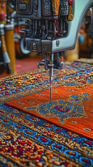 Close-up of an industrial sewing machine embroidering a vibrant rug.