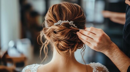 A stylist puts the finishing touches on a woman's elegant updo, with a jeweled hairpiece.